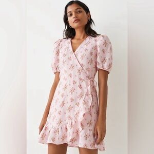 & Other Stories Pink Floral Puff Sleeve Wrap Mini Dress EUR Size 36